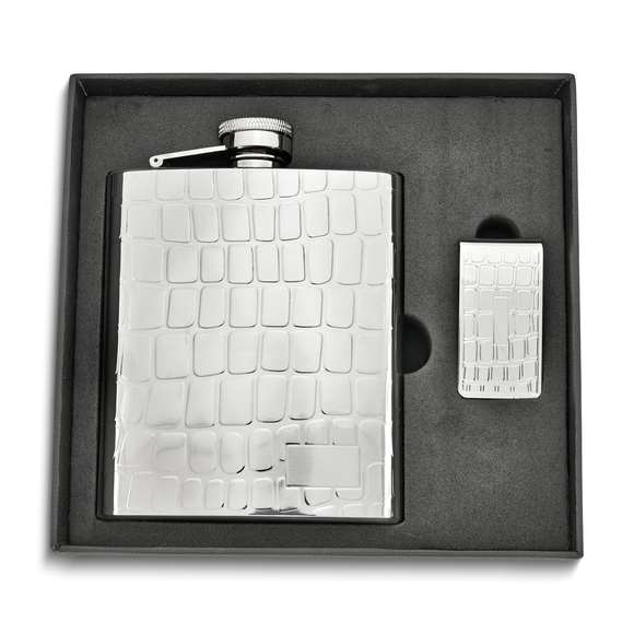 8 ounce Stainless Steel Croco Textured Flask and Men's Money Clip Gift Boxed Set